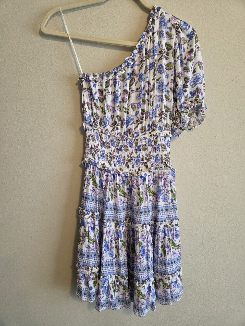 Playa Lucila One-Shoulder Floral Pleated Tiered Ruffle Mini Dress Sz S Festival - Picture 8 of 10